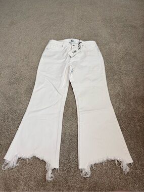 Mica White High-Rise Frayed Hem Flare Jeans